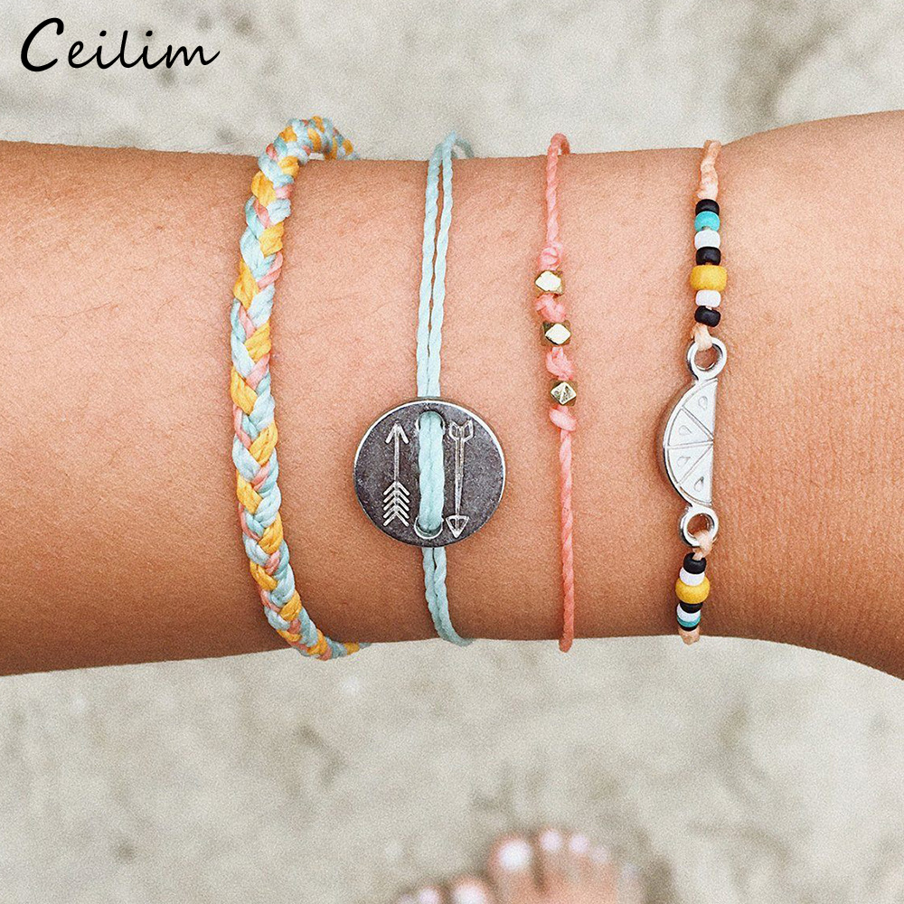 

4Pcs/Set Bohemian Summer Watermelon Arrow Charm Bracelet Fresh Candy Color Cute Girl Handmade Woven Beads Bracelet
