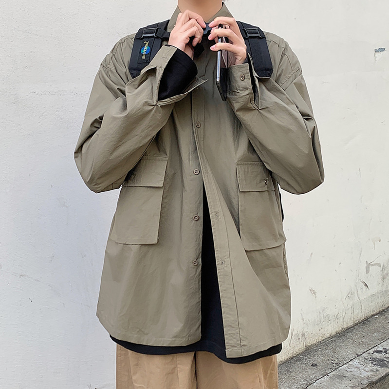 

2020 Spring And Autumn New Youth Popular Japanese Solid Color Long-sleeved Shirt Fashion Casual Tooling Shirt Gray / Army Green