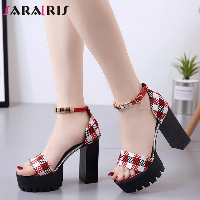 

SaraIris Open Toe Platform Plaid Ankle Strap Block Heel Sandals Women Fashion Sandals Ladies Classic Summer Shoes, Black