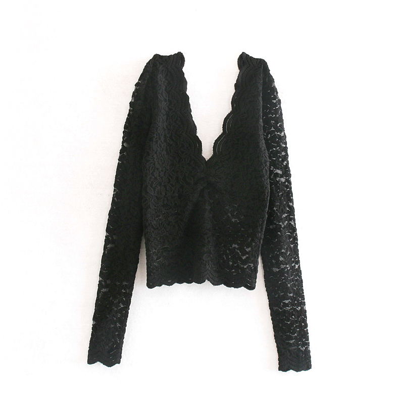 

Sexy Women Lace Shirt Autumn 2019 New Fashion Long Sleeve Black Shine Through Hollow Out Blouse Modern Lady V-Neck Tops Shirts