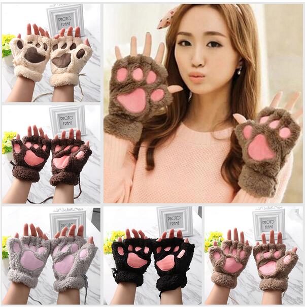 

Hot Selling Fingerless Plush Gloves Fluffy Bear Claw Cute Cat Soft Warm Lovely Women Half Finger Covered Fashion Gloves, Many colors to choose