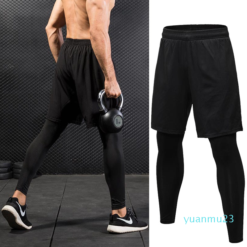 Wholesale-Fake Two Piece Compression Pants Men Shorts And Leggings Sportswear Gym Fitness Tight Sports Trousers Quick Dry Men's Leggings