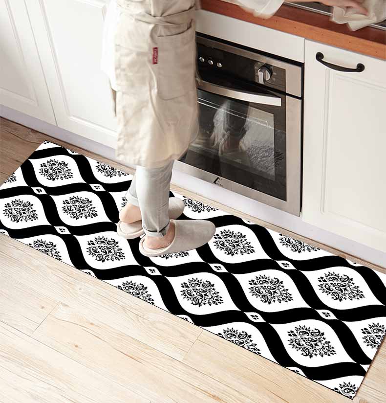 

Else Black White Damask Vintage 3d Print Non Slip Microfiber kitchen counter Modern Decorative Washable Area Rug Mat, As pic