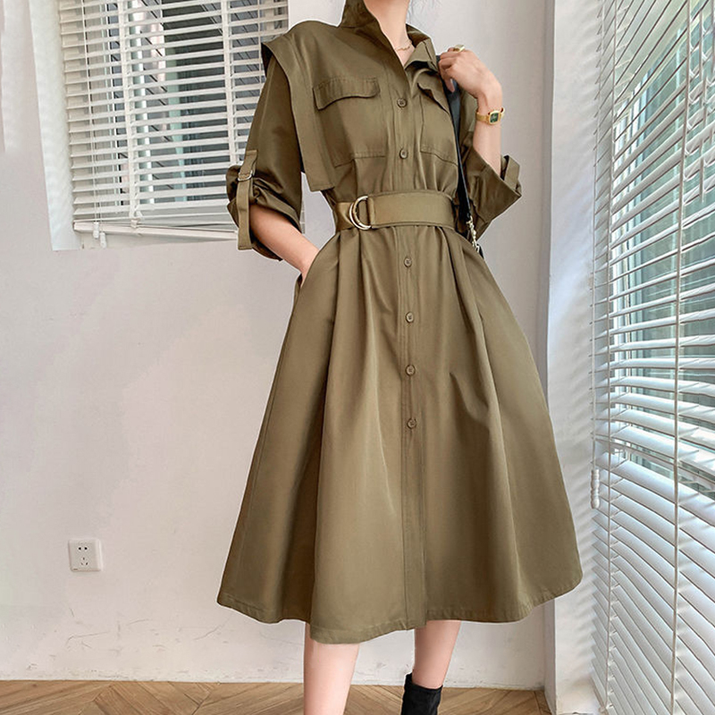 

Fashion Trench Coat For Women 2020 Autum Winter Casual Long Single Breasted Slim Belt Outwear Oversize Female Windbreaker, Green