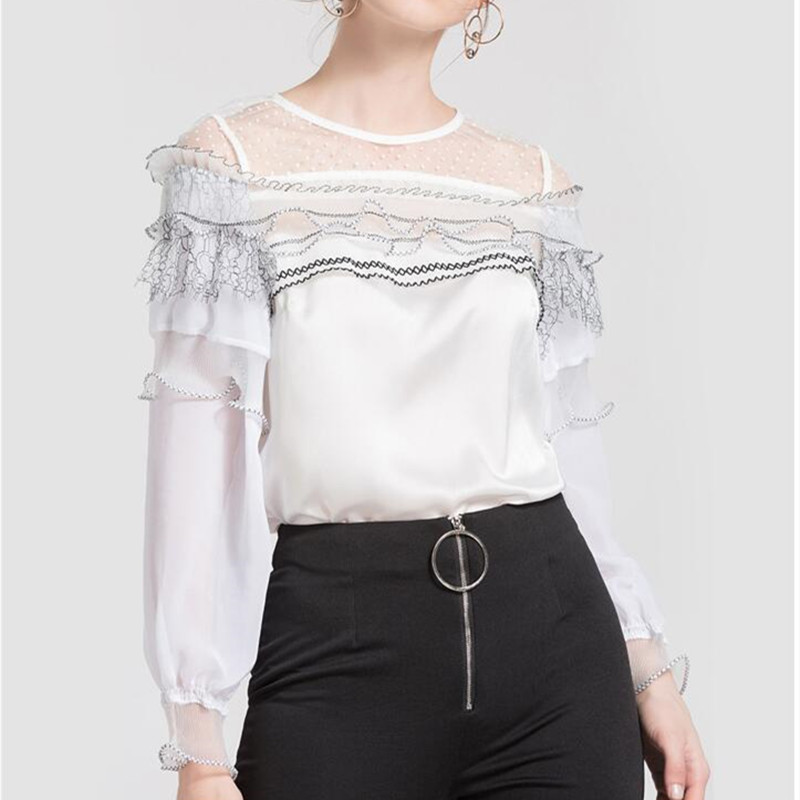 

Spring Summer Asymmetric Sexy Women Blouse Ruffle Lace Patchwork See Through Top Lantern Sleeves Female Blouses And Top, As pic