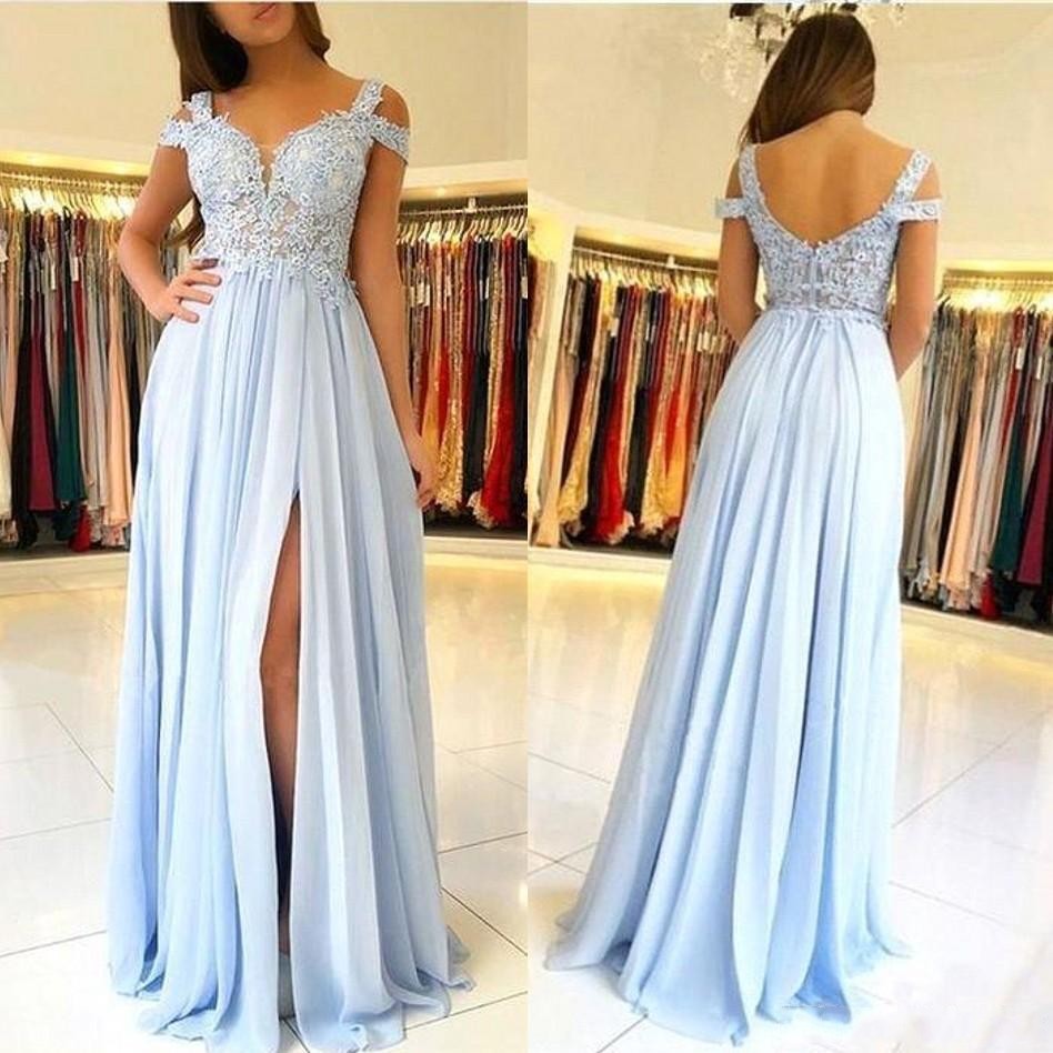 

Cheap Country Sky Blue A Line Bridesmaid Dresses For Weddings Chiffon Lace Appliques Side Split Zipper Back Plus Size Maid of Honor Gowns