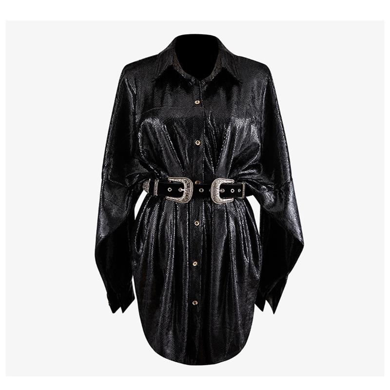 

The latest fashion temperament lapel snake pattern pleated waist waist was thin loose loose long sleeved shirt wholesale, Black
