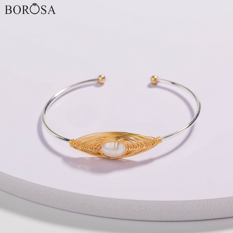 

Bangle BOROSA Wire Wrap White Pearl Beads Charm Bangles Women Silver Plated Handmade Adjustable Bracelets WX1701