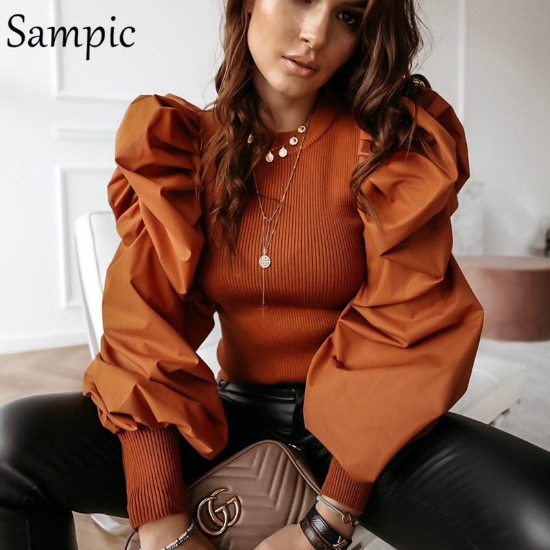 

Sampic Korean Fashion Brown Skinny Casual Woman Pullover O Neck Puff Long Sleeve Jumpers Knit Tops Patchwork Slim Sweater