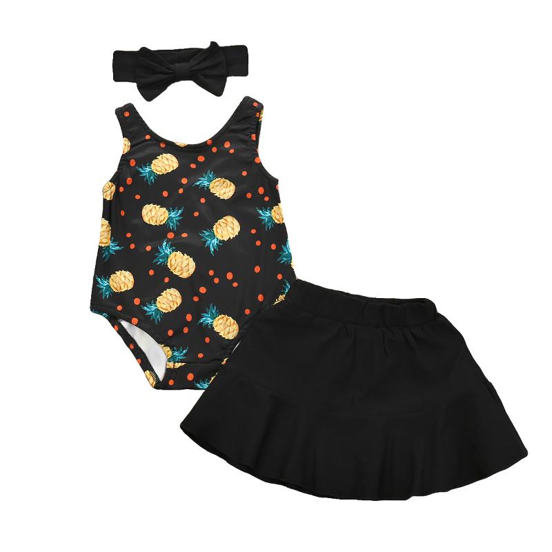 

2020 New Baby Girl Clothes Sets Summer Kids Black Floral 3Pcs Sleeveless Bodysuit Mini Skirts Headband Baby Girl Clothing 0-24M, As pic