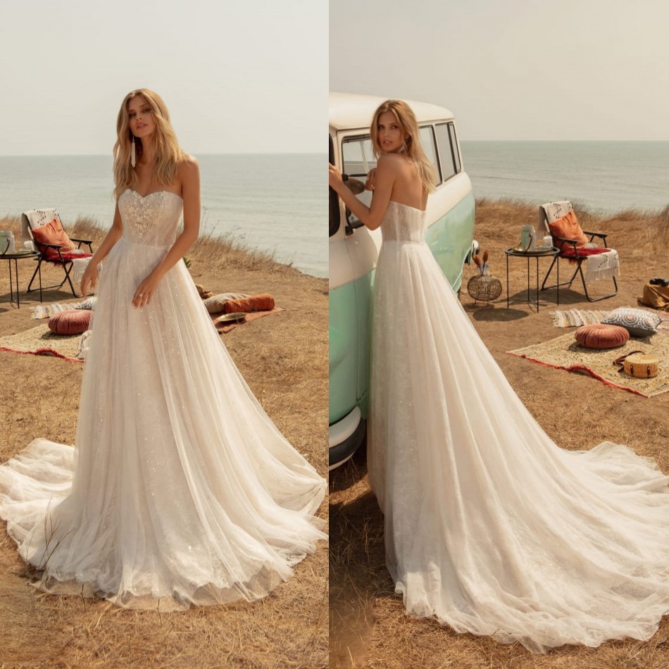 

2020 Bohemian Wedding Dresses Sweetheart A Line Lace Appliques Sequined Boho Bridal Gowns Sweep Train Beach Wedding Dress Plus Size, Pink