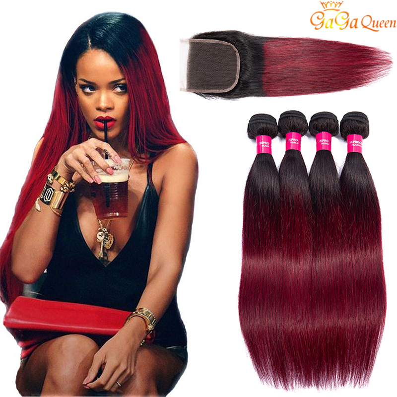 

Two Tone Burgundy Human Hair Bundles Virgin Peruvian Malaysian Straight Ombre Weaves With Lace Closure 1B 99j Wine Red Colored Extensions, Brazilian hair