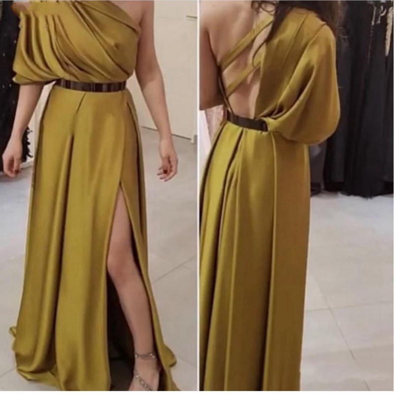 

New Arrival One shoulder evening dress Robe de soiree Arabic Gold gown Formal dresses long, White