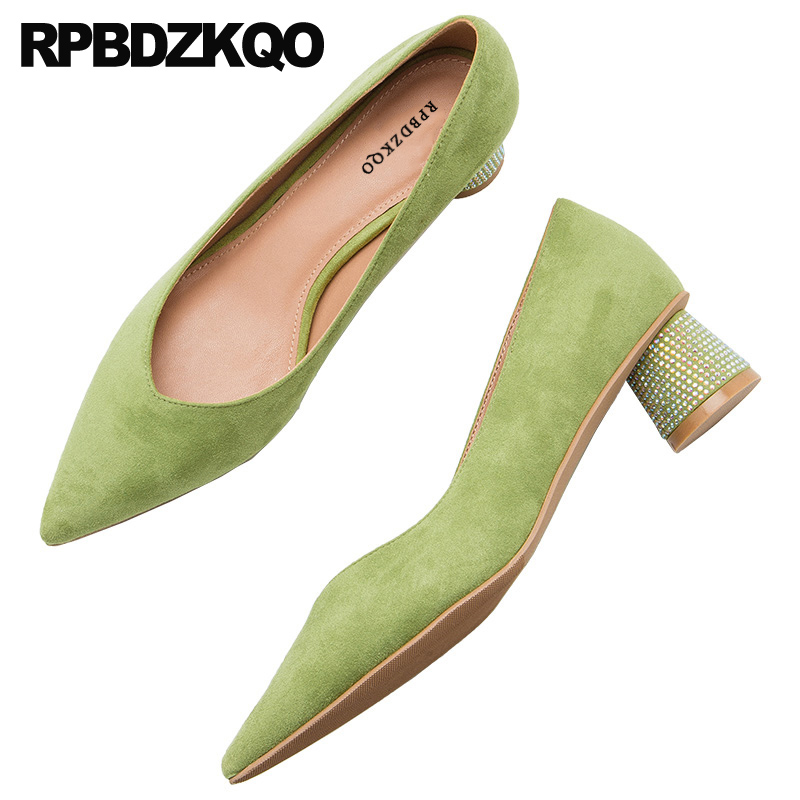 

yellow casual shoes women 2019 medium heels suede chunky big size block black thick pointed toe green pumps slip on