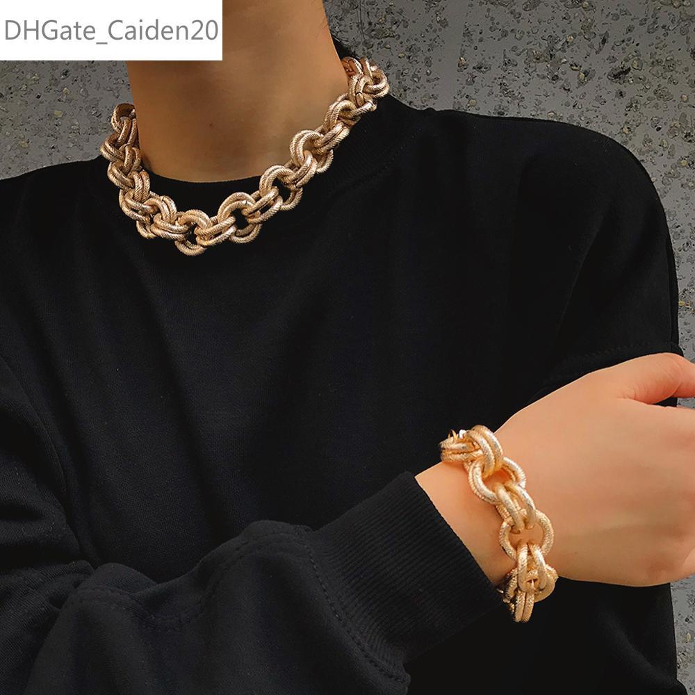 

Vintage Exaggerated Miami Cuban Choker Necklaces Punk Hip Hop Thick Chunky Heavy Metal Necklace Bracelet Set Jewelry