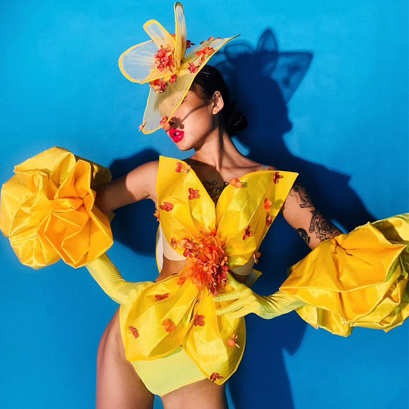 

Yellow Flower Bikini Suit Women Stage Costumes Nightclub Performance Clothing Bar Ds Jazz Dancer Outfit Rave Party Wear DN5988, As picture