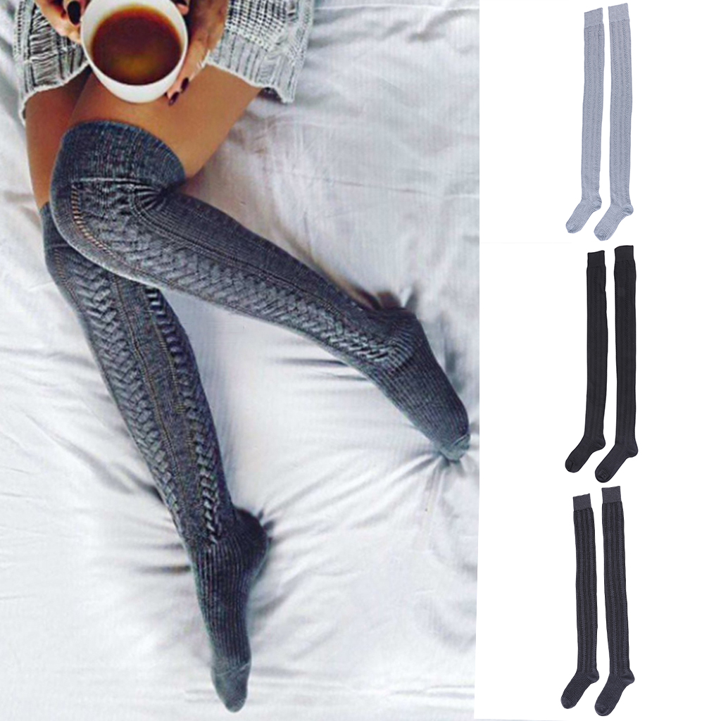 

2 Pairs Women Plain Tube Over the Knee Stockings Winter Long Socks Leg Warmer