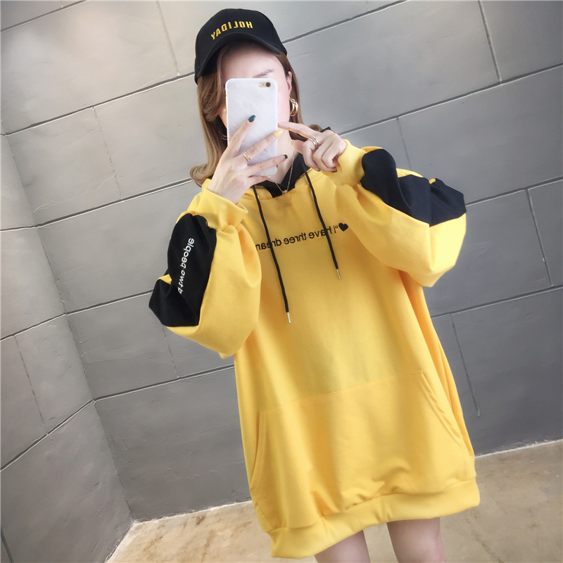 

2020 Long Solid Color Letter pocket Hedging women Sweatshirt Long Sleeve Thin Loose Hoodie women clothing Spring and Autumn New, Orange
