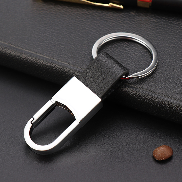 Fashion Design Business Mens Silver Metal Key Chain Black Leather Keychain Ring with Free Gift