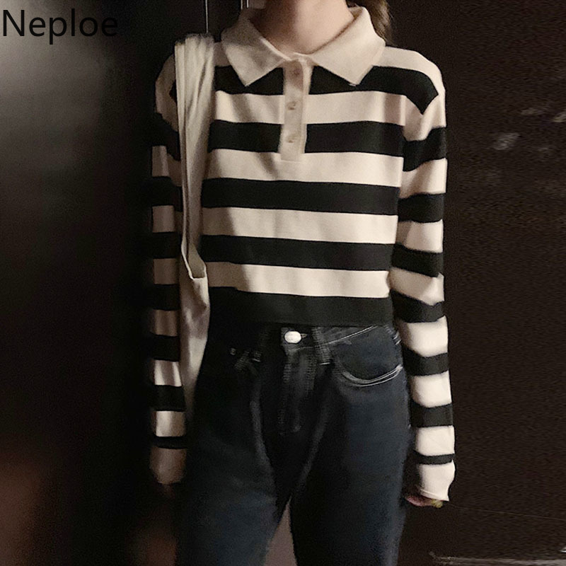 

Neploe 2020 Hit Color Striped Sweater Long Sleeve Turn Down Collar Causal Knitwear Tops Korean Fashion Knitted Pullovers 4B721, Black