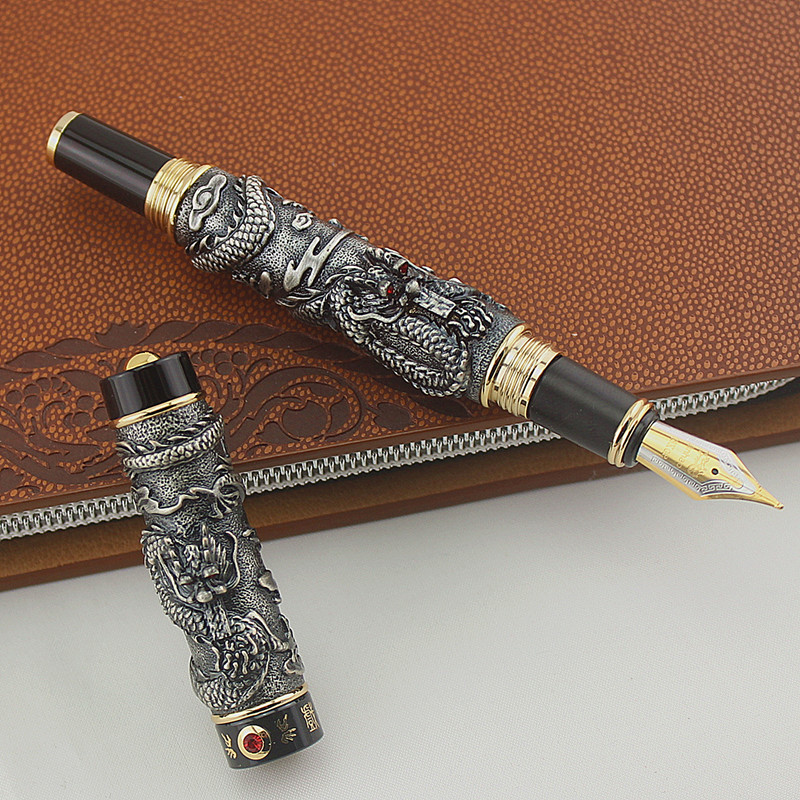 

JINHAO GRAY FOUNTAIN PEN BROAD NIB DRAGON PLAY THE PEARL, Red