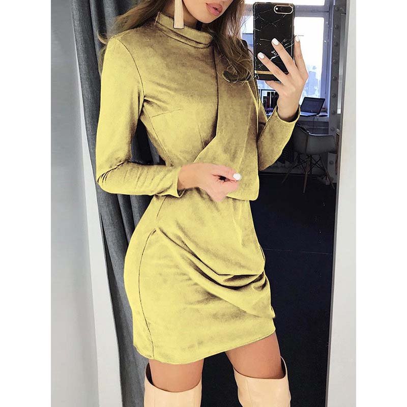 

Faux suede leather dress women thin turtleneck long sleeve dresses Autumn vintage fashion party dress Winter draped vestidsos, Blue