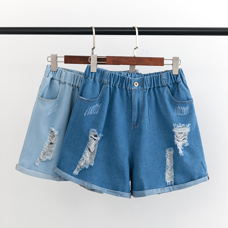 

Plus Size Denim Shorts High Elastic Waist Woman Summer 2019 Women Spring Loose Casual Vintage Hole SolidDenim Shorts Oversized, Blue