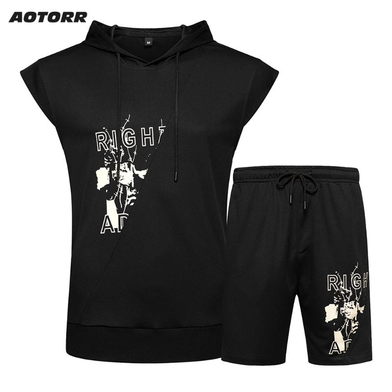 Summer Men Hooded Tank Tracksuit Set Cotton Mens Streetwear Sleeveless Printed Funny Suit 2020 Black Short Sets Vest + Shorts