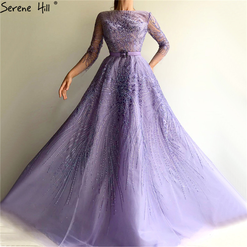

Serene Hill Purple O-Neck Crystal Sashes A-Line Evening Dress 2020 Long Sleeves Sexy Tulle Formal Party Gown CLA70138