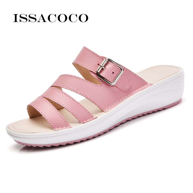 

ISSACOCO Womens Slippers Sandals Ladies Indoor Home Slippers Summer Fashion Beach Sandals Real Leather Shoe Woman, Green