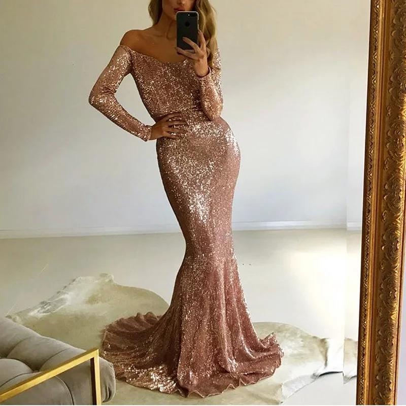

Sparkly Rose Gold Sequins Prom Dresses Long Sleeves V Neck Sweep Train Mermaid Off the Shoulder Custom Made Evening Gown Formal Wear, Chocolate