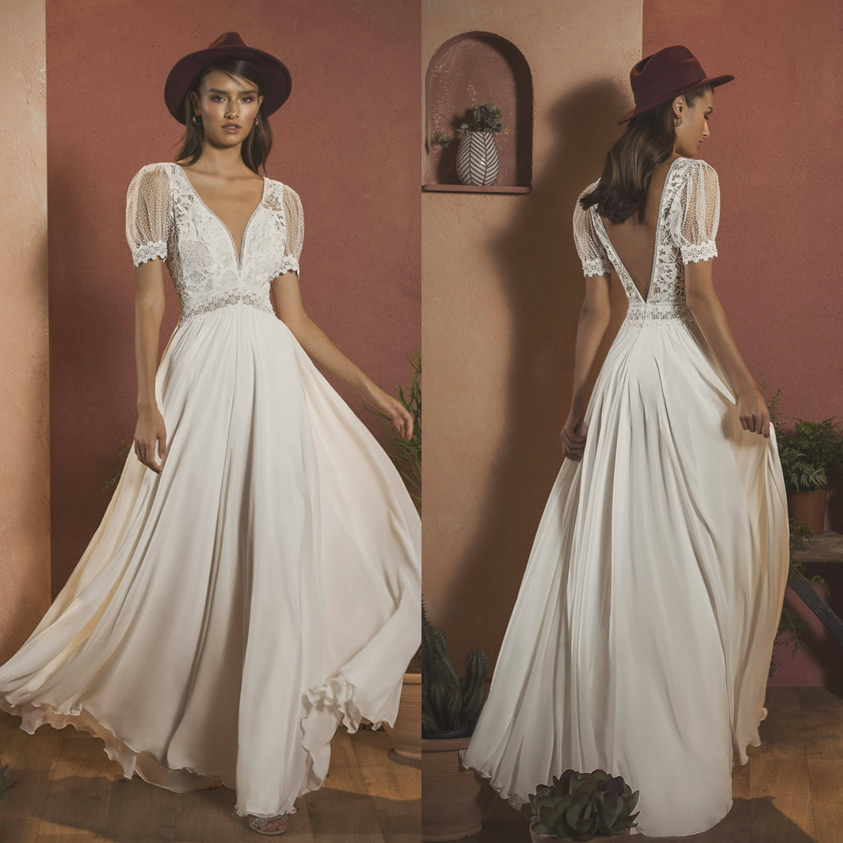 

2020 Bohemian Wedding Dresses V Neck Capped Sleeves Lace Appliques Bridal Gowns Sexy Backless Floor Length A-Line Wedding Dress, Gold