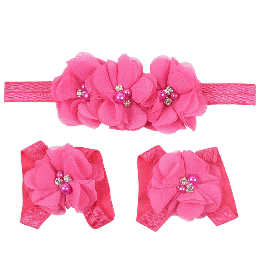 3PCS//Set Baby Chiffon Perle Rhinestone Stirnband Fuß Blumen Elastisches Haarband