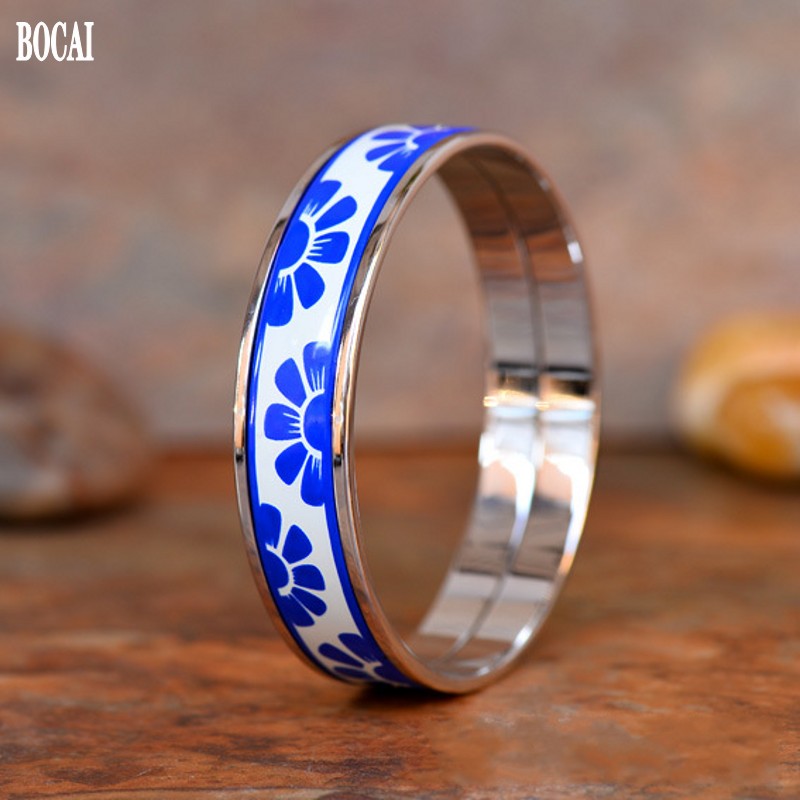 

Bangle 2021 Cloisonne Bracelet For Woman Enamel Jewelry 1.5cm Golden Brother And Sister Gift Blue White Rhyme