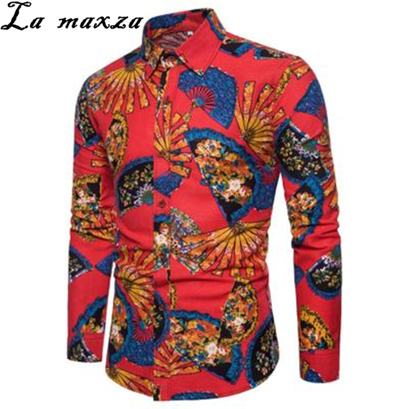 

New Arrivals 5XL Printed Long Sleeve Open Stitch Men Shirts Vintage Casual Style Men Shirts Slim, Black