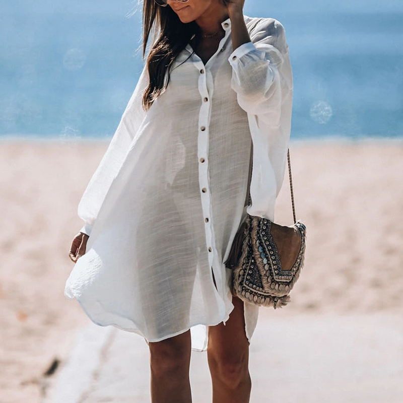 

Cover-ups 2020 White Shirt Tunic Kimono Femme Bathing suit Women Bikini cover up Pareo Beach Bathing suit Cover ups Beachwear