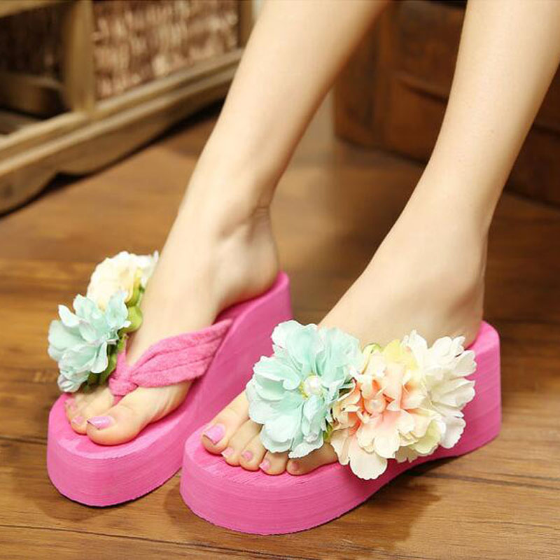 

Boho sandals with clip-on wedges flip-flops for ladies with non-slip high heels floral flip-flops chunky soles pearls, Pink