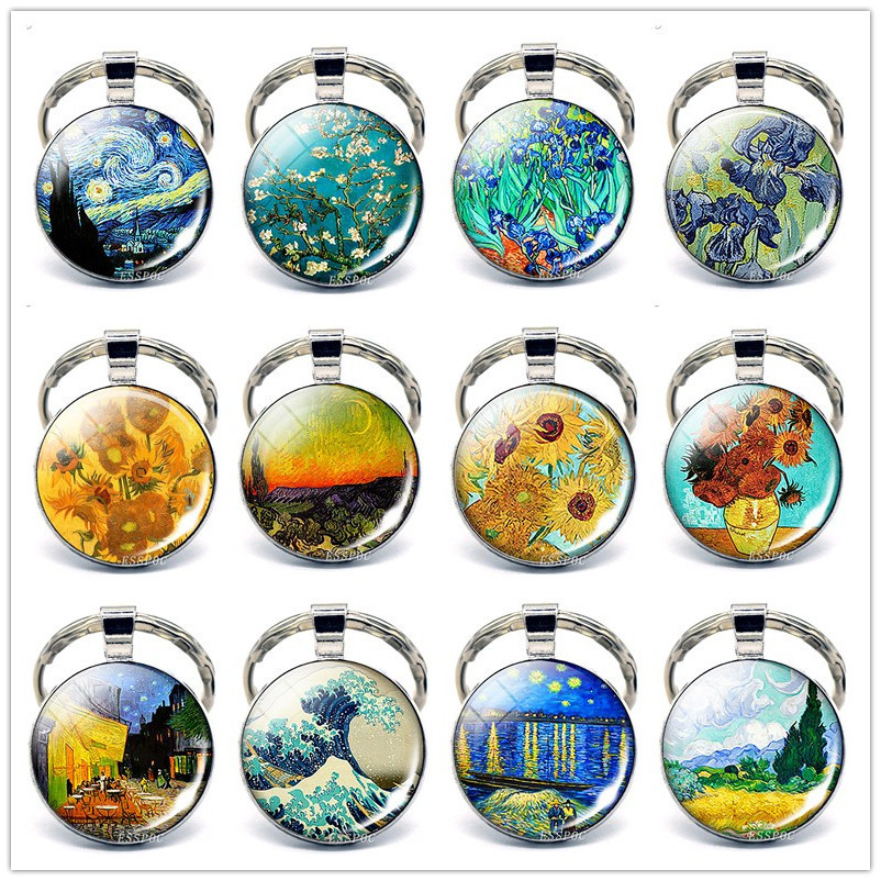 

Van Gogh Oil Painting Keychain Art Abstract Painting Glass Cabochon Pendant Keychain Diy Metal Keyring Gifts for Him or for Her