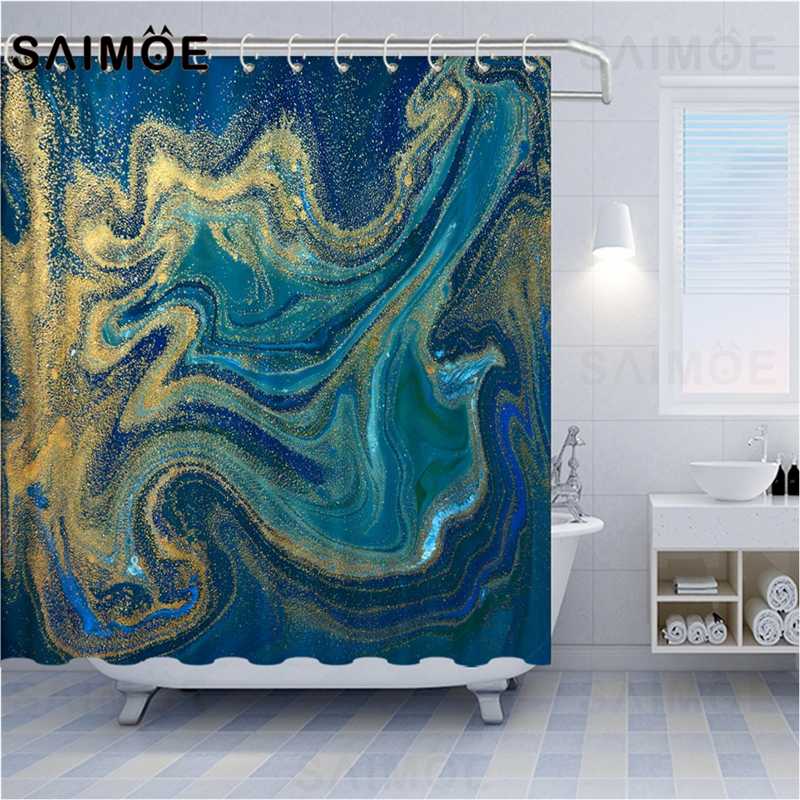 

ATOMAX Abstract Striped Shower Curtains Blue Green And Gold Liquid Marble Texture Background Bathroom Shower Curtain Waterproof