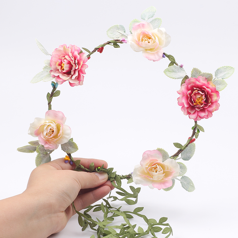 

Bride Women Flower Crown Hair Band Wedding Floral Headband Garland Ribbon Bow Girl Flower Wreath Hair Accessories