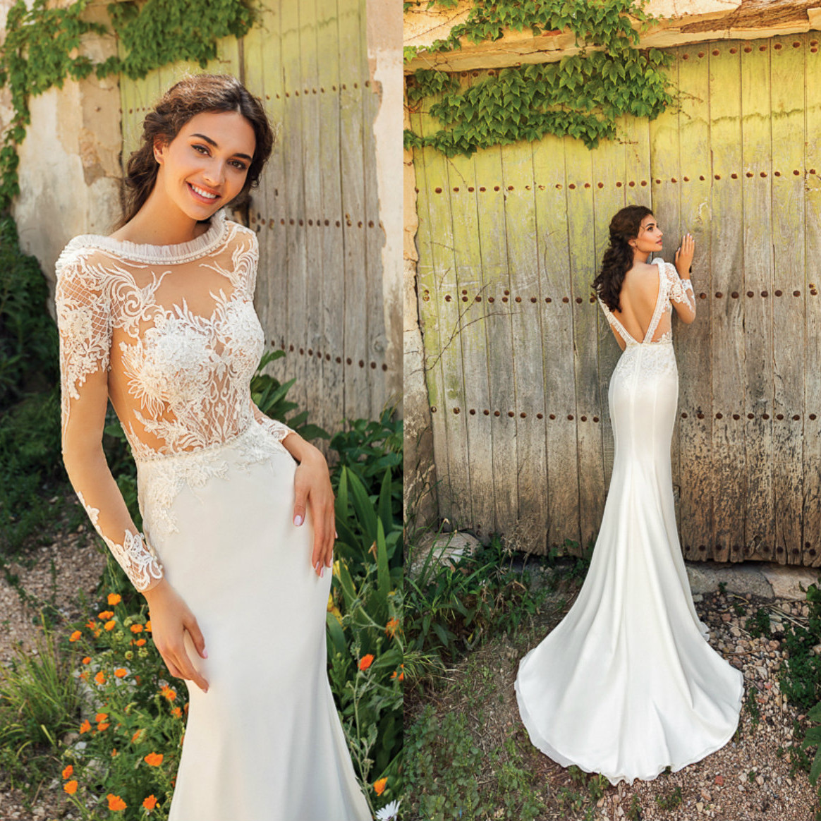 

2020 Mermaid Wedding Dresses Jewel Long Sleeves Lace Appliques Bridal Gowns Sexy Open Back Sweep Train Wedding Dress Robe De Mariee, Pink