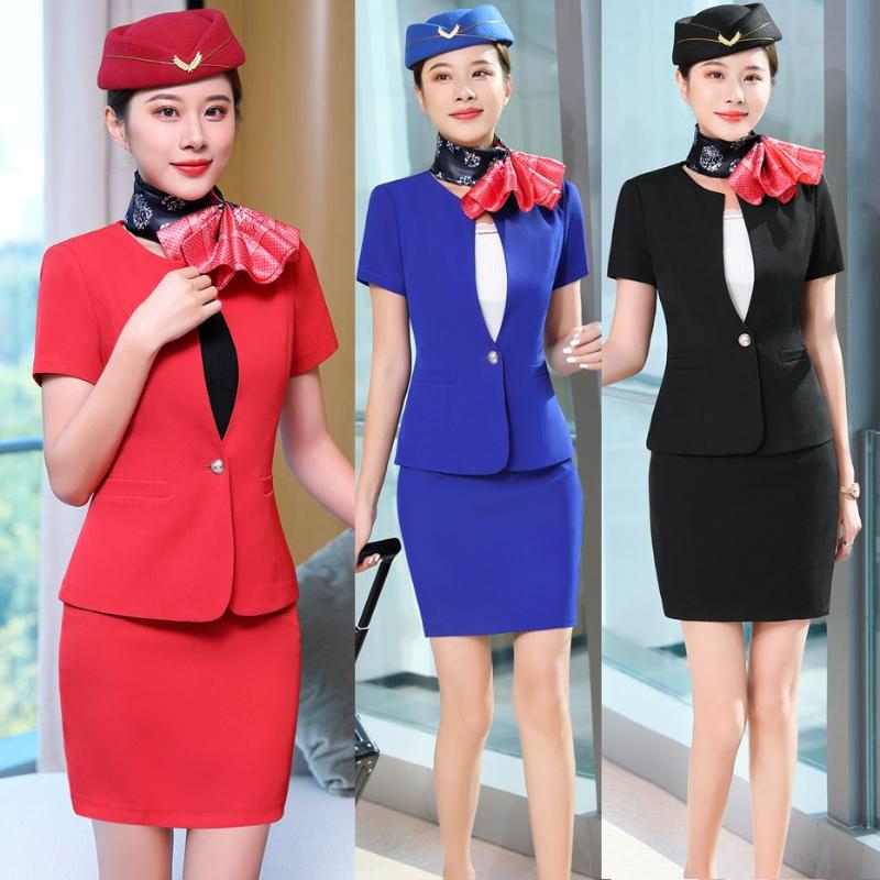 

Fashion Red Blazer Women Business Suits with Scarf Ladies Skirt and Jacket Sets Stewardess Attendants Office Uniform Styles, Black