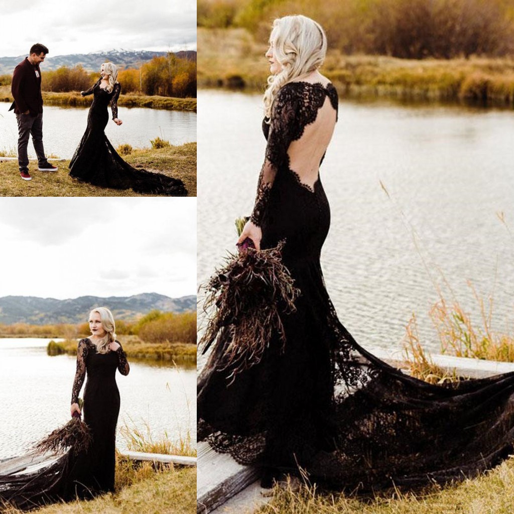 Vintage Black Gothic Wedding Dresses with Long Sleeve 2020 V-neck Lace Applique Backless Long Sleeve Mermaid Beach Boho Bride Wedding Gown