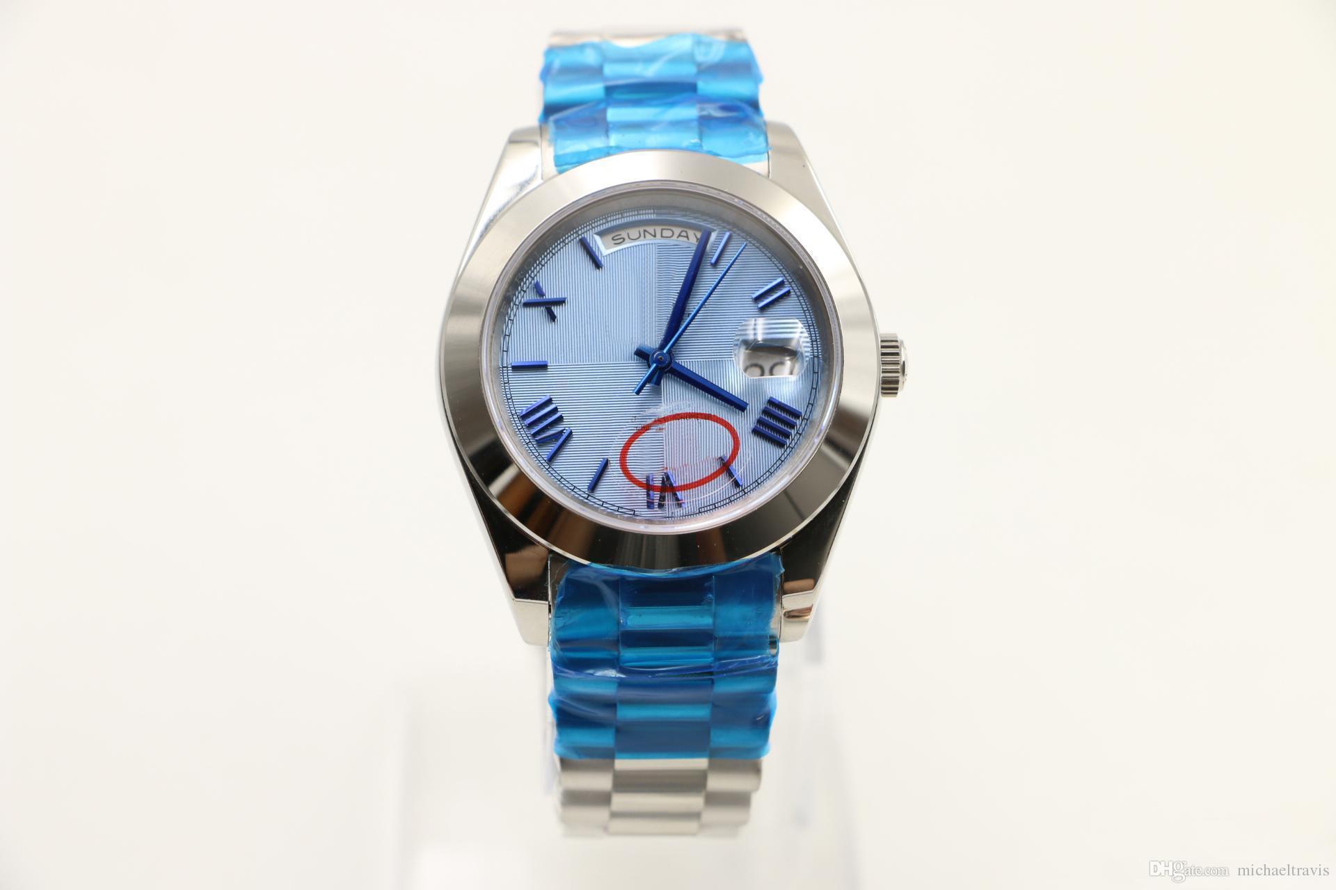 

40MM Classical Mens automatic Watch Watches display round blue striped dial president strap stainless, Make waterproof