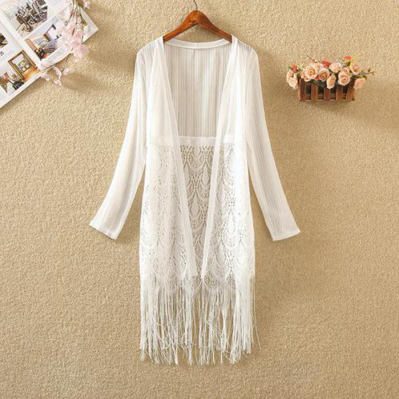 

Casaco Feminino Summer Long Sleeve Solid Loose Open Stitch Coat Fashion Lace Patchwork Tassels Medium Long Jacket 2020 New Women