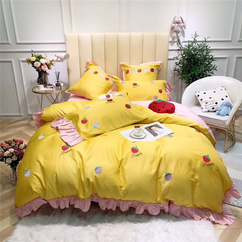 

Four Seasons Bedding 4pcs 60 Egyptian Long-staple Cotton Embroidered Ruffled Bed Sheets Quilt Cover Cute Strawberry Pattern, 4pcs yellow