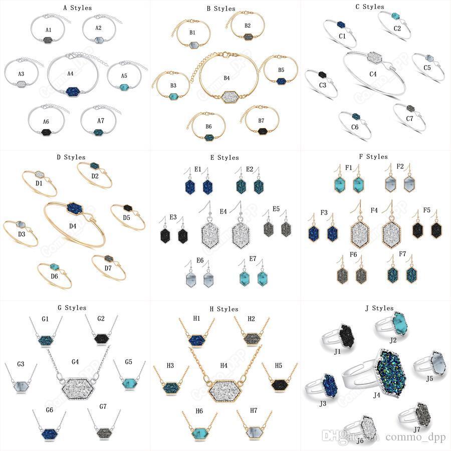 

14 Styles Druzy Stone Pendant Necklace Dangle Earrings Bangle Rings For Women Geometric Natural Stone Designer 2019 Fashion Jewelry In Bulk