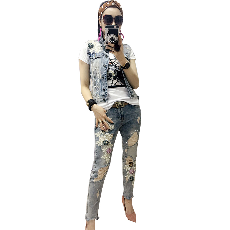 

The Antique White The New Sequins Ripped Jeans Fashion Women'S Wear ShuHua119