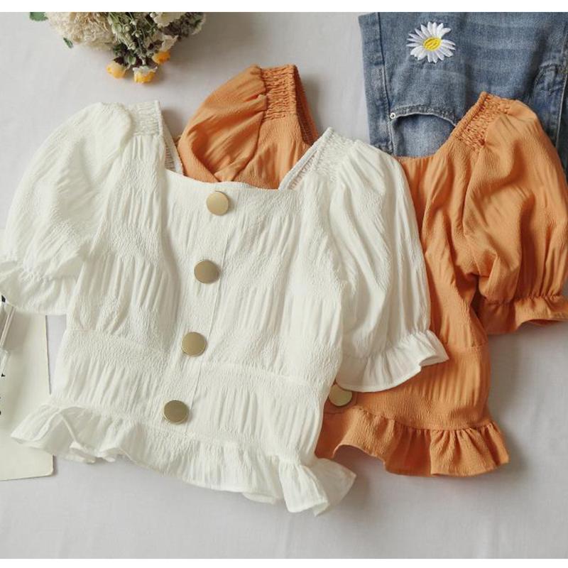 

Women Court Style Square Collar White Puff Blouse Retro Short Sleeve Button Down Shirt Stretchy Korean Chic Blusa Feminina Tops, Red tops