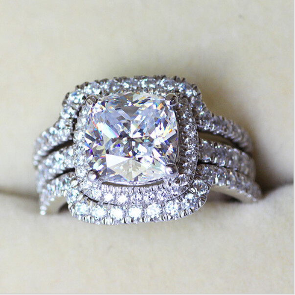 

Victoria Wieck Cushion cut 8mm Stone 5A Zircon stone 10KT White Gold Filled Lovers 3-in-1 Engagement Wedding Ring Set Sz 5-11